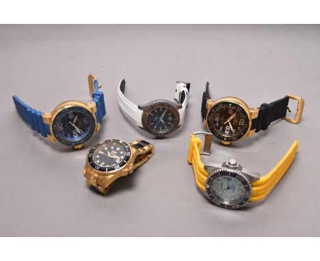 A group of five gentleman's dive watchesIncluding: Invicta model 21522 gold plated oversize watch, blue dial and bezel insert