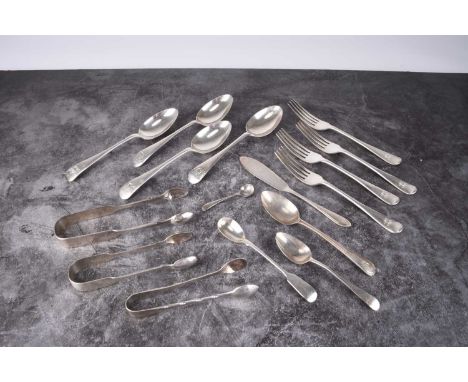 A collection of silver flatware, comprising; a set of six silver dessert forks, Goldsmiths &amp; Silversmiths Ltd Co, London 