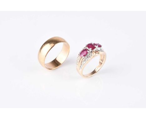 A 9ct gold ruby and diamond ring, size N, together with a 9ct gold wedding band, size T 1/2, total weight approx 9.4g (2)