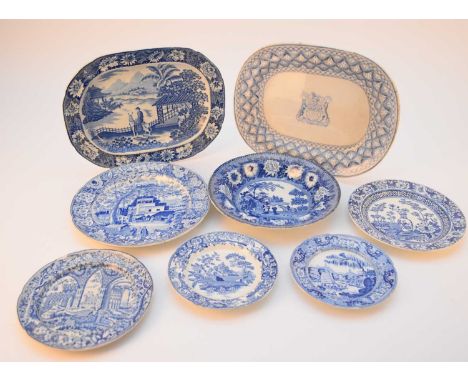 A collection of English blue and white earthenware pottery, early 19th century, comprising an unattributed 'Departing Travell