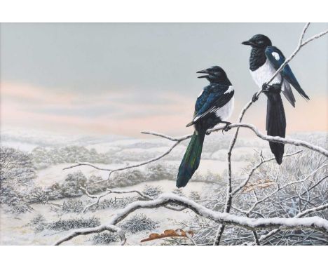 Adrian Rigby (b.1962) Midwinter Magpies, signed lower right, gouache, 35 x 52 cm, frame 55 x 71 cm