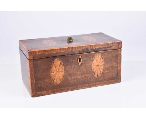 A Regency mahogany and rosewood inlaid tea caddyOf rectangular form, the outside with rosewood cross-banding and inlaid with 