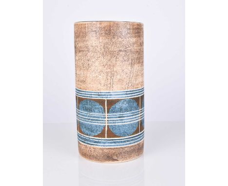 A Troika St. Ives cylindrical vase decorated by Louise Jinks, circa 1976-1981, turquoise, brown and buff glaze, signed, 18.5c