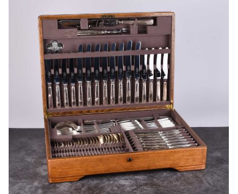 A cased canteen of Mappin &amp; Webb silver plated cutlery, the eight place setting comprises; side knives, table knives, tab