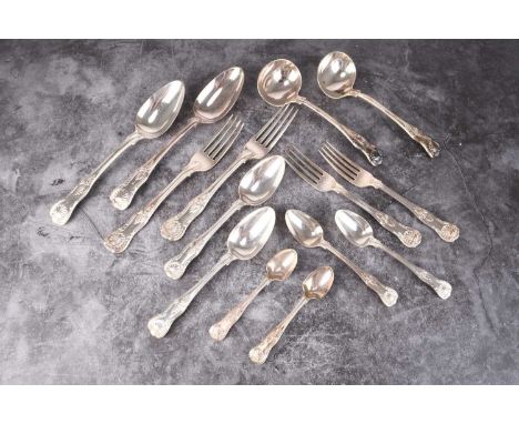 A harlequin collection of Kings pattern silver flatware, comprising; four sauce ladles, a tablespoon, three dessert spoons, s