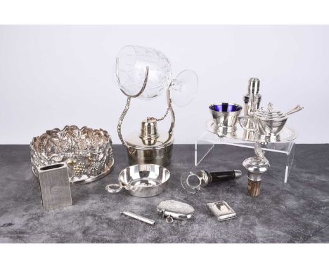 A collection of silver and plated wares, comprising; a silver mounted cork with pheasant finial, a silver tastevin with entwi