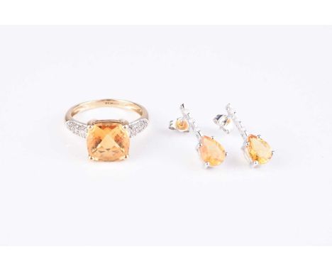 A 9ct gold citrine and diamond ring, size P, together with a pair of citrine and diamond ear pendants, stamped '9k', total we