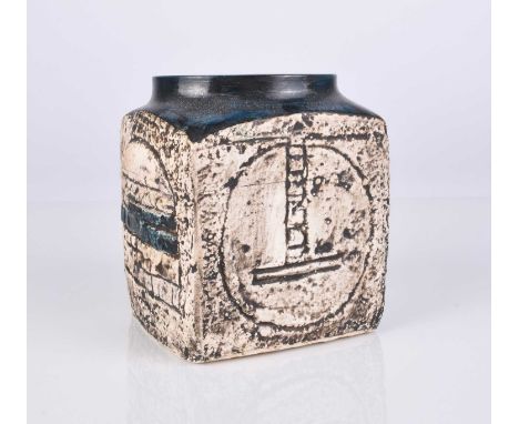 A small Troika St. Ives square-sided vase decorated by Anne Jones, circa 1976-77, buff and dark turquoise glaze, signed, 9cm 