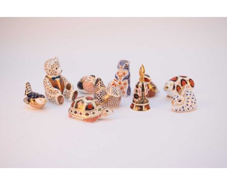 A group of Royal Crown Derby imari paperweights, comprising Tortoise, Quail, Teddy Bear with Bow Tie, Rabbit, Wren, (gold sto