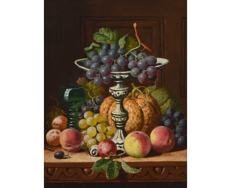 Charles Bale (1845/9-1925) Still Life Study of Autumn Fruits on a table, arranged around a silver stemmed platter and green g