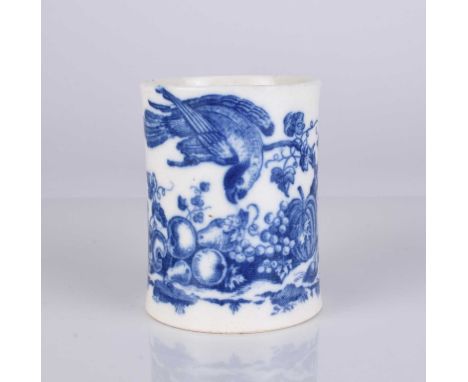 A small Caughley porcelain 'Parrot Pecking Fruit' mug, circa 1780-85, of slightly waisted form, transfer-printed in underglaz