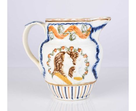 A small English prattware 'Duke of York and the Royal Sufferers' jug, circa 1794-1795, nicely detailed moulding, picked out i