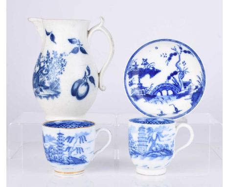 A small group of Caughley blue and white porcelain, 18th century, comprising a 'Tower' pattern coffee cup, a 'Bridge and Wind