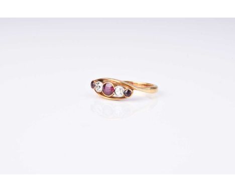 A five stone graduated ruby and diamond ring, designed as a row of three round mixed cut rubies interspersed with two old cut