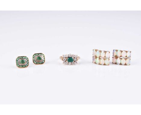 A pair of 9ct gold emerald and diamond stud earrings, together with a pair of 9ct gold opal earrings and a 9ct gold stone set