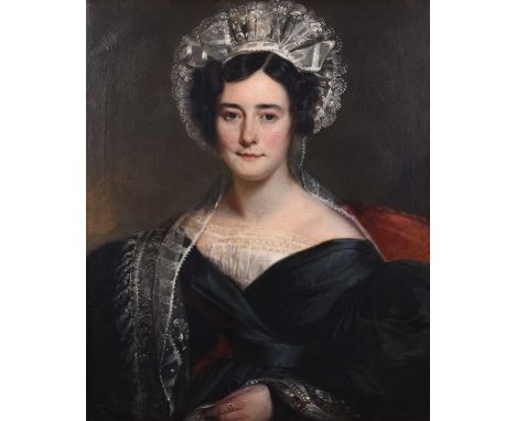 British School (19th Century) Half Length Portrait of a Lady wearing a black dress and lace bonnet, oil on canvas, 76 x 63 cm