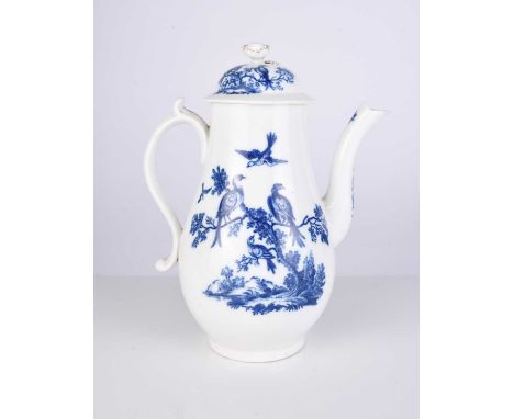 An uncommon Caughley porcelain 'Birds in Branches' coffee pot and cover, circa 1780-85, of baluster form, transfer-printed in