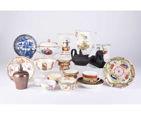 A mixed group of English pottery and porcelain, comprising a pair of gadrooned salts; H&amp;R Daniel gadrooned saucer painted