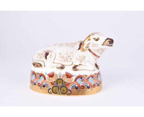 A Royal Crown Derby imari paperweight model of a Water Buffalo, gold stopper, 11.5cm highCondition:Good condition with no dam