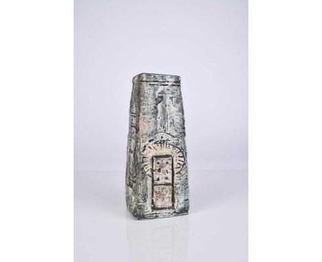 A Troika St. Ives coffin vase decorated by Teo Bernatowitz, circa 1974, turquoise glaze, signed, 17cm highCondition:Two small