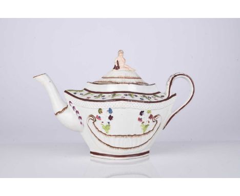 A Lakin &amp; Poole pearlware teapot and cover, circa 1790-1800, picked out in coloured enamels, moulded with flowers sprouti