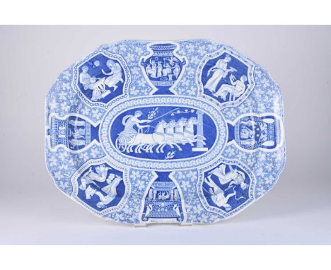 A large Spode 'Greek' meat platter, circa 1806-15, transfer-printed in underglaze blue with Cynisca Winning the Chariot Race,