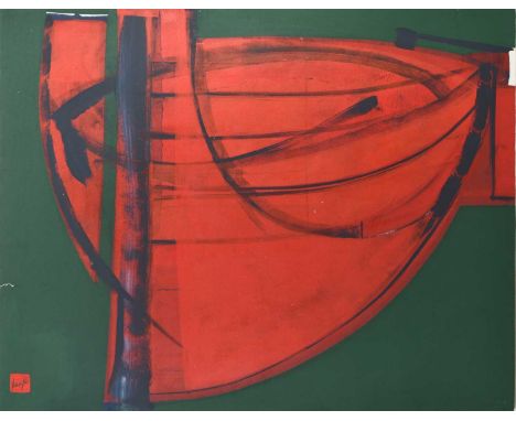 ARR Leigh Davis (b.1976) Red Boat, abstract, signed lower left, oil on canvas, 93 x 119 cm, together with the preparatory ske