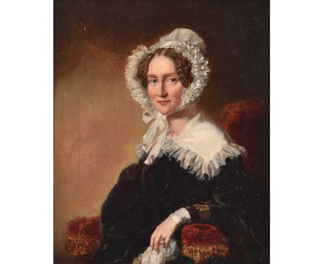 British School (19th Century) Portrait of a Seated Lady, half length, wearing a black dress and white bonnet with her hair br