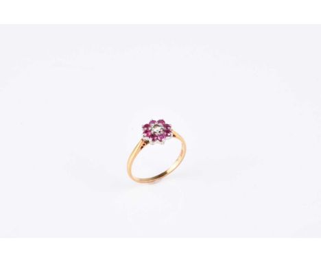 A ruby and diamond floral cluster ring, size L, the yellow metal shank stamped 'plat 18ct', weight approx 2g