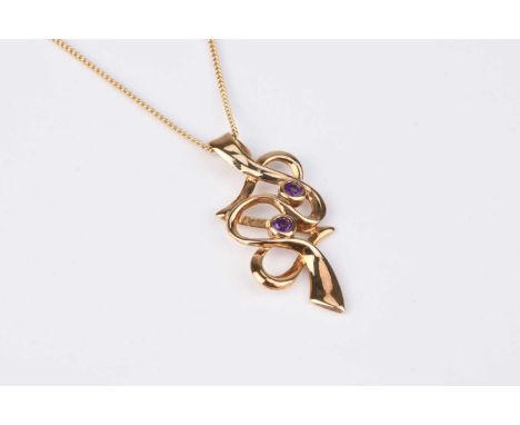 A Clogau 9ct gold amethyst set pendant on chain, the double entwined openwork heart pendant set with two round mixed cut amet