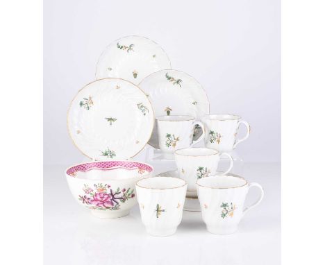 A set of five Flight Worcester spiral-fluted coffee cups and five saucers, decorated in green and gilt with dragonflies, acor