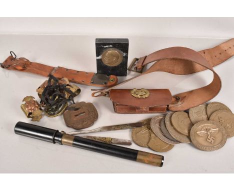 A WWII Spotting Scope by AK & S, No.22C MkII, dated 1942, together with a reproduction M3 scabbard, various Japanese sword mo