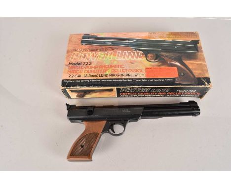 A Daisy Power Line Model 722 .22 Pistol, serial C001206, having side lever, missing spring, in fitted retailers case, AF, 18+