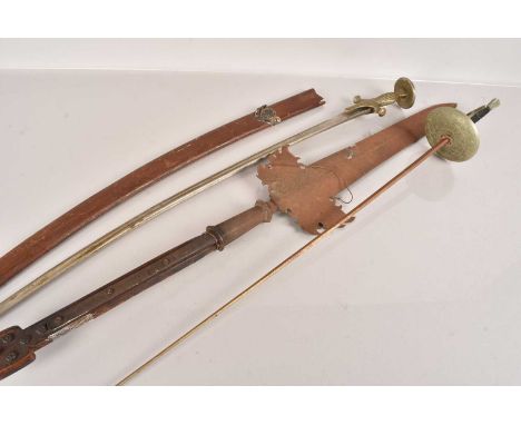 A Middle Eastern Talwar, having wooden scabbard, together with a converted spear head and a Fencing Foil (3) no postage for t