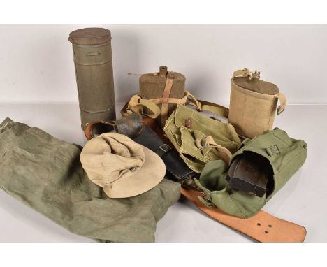 A selection of various items, to include Water Bottles, Bren Gun Magazine carrier with two magazines, a French Gas Mask, Vint