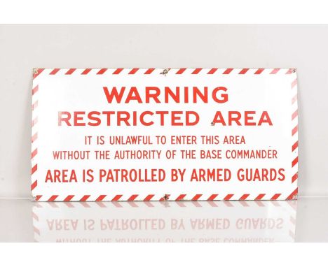 Warning Restricted Area Enamel Sign, Area is Patrolled by Armed Guards', right text on white ground, 81cm x41cm