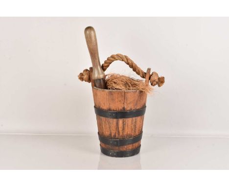 HMS Warrior, a vintage wooden bucket, believed to be made of the wood from HMS Warrior, marked Warrior to the base