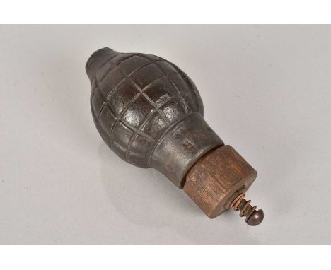 An inert WWI French 'Citron' Foug Grenade, also known as a 'Lemon Grenade', circa 1915, complete with wooden fuse body, creep
