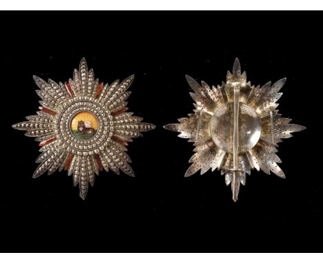 Iran, Order of The Lion and The Sun Officer's Breast badge, with red enamel decoration and pin and two lug construction, appr