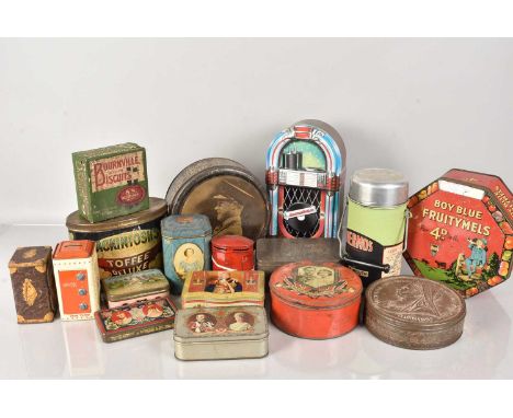 An assortment of Vintage and Modern Advertising and Commemorative tins, to include Boy Blue Fruitymels, Mackintosh's Toffee D