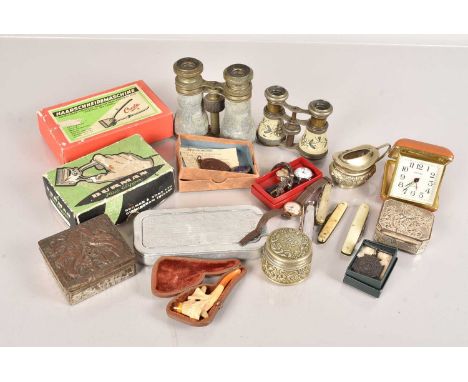 A collection of various items, to include a Meerschaum pipe, field glasses, British Nurse's Badge, Medallions, Ladies Watches