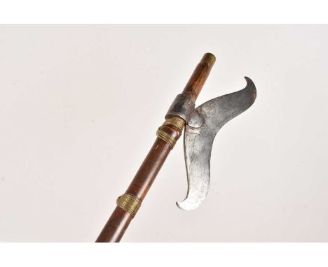 An Indian Battle Axe, having Moustache shaped head, on long wire bound pole, approx 190cm long no postage for this lot, we ca