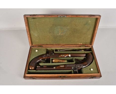 A pair of 19th Century Lacy &amp; Co of London Percussion Cap Duelling Pistols, circa 1835, 50 bore, octagonal damascus barre