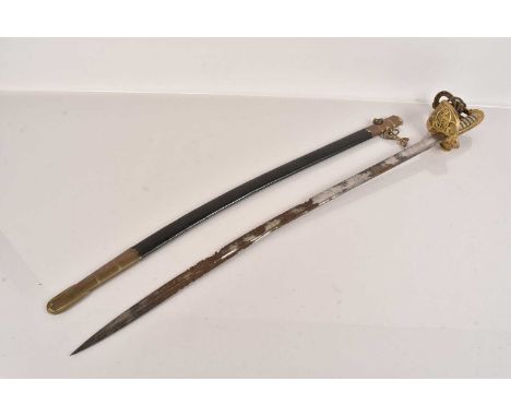 A Naval Officers Sword, having engraved pipe back blade, the blade AF, with shagreen and wire grip, complete with scabbard an