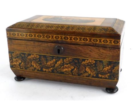 A 19thC Tunbridge ware and rosewood tea caddy, the lid engraved with a country house scene, within geometric borders, enclosi