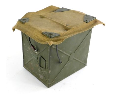 A military Lucas signalling lamp, with canvas top to the hinged lid, spare bulbs, etc. (AF)