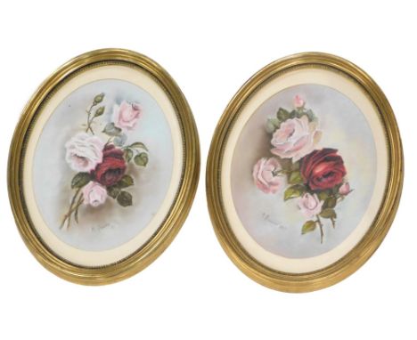 Margaret Farrow. Roses, pastel, oval a pair, 33cm x 25cm.