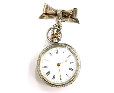 A continental silver fob watch, the small enamel watch head in an embossed silver case, with bow bar attachment, 35g all in. 