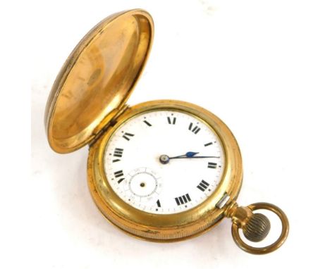 A continental gold plated hunter pocket watch, with engine turned decoration, the enamel dial with Roman numerals, the moveme
