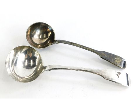 A George IV fiddle pattern ladle, 2oz, 18cm long, and a similar silver plated example. 